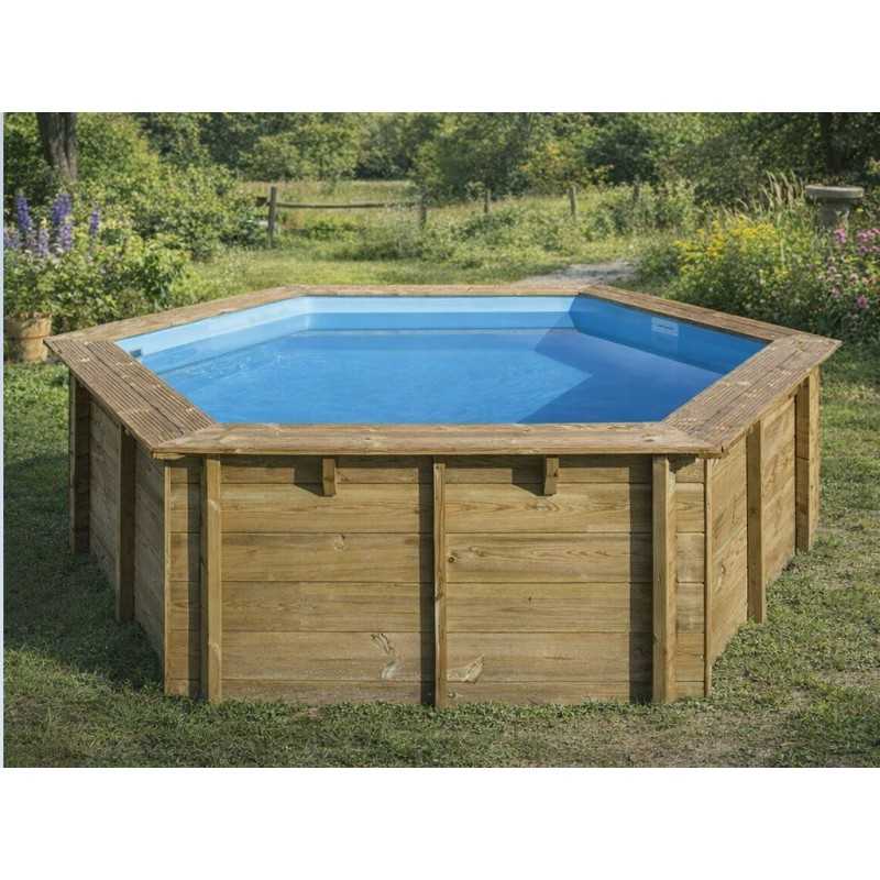 Piscine en bois hexagonale rainurée languette hors sol EWEN | Ø395 x H 117 cm | Piscines Swimwood | Avospas